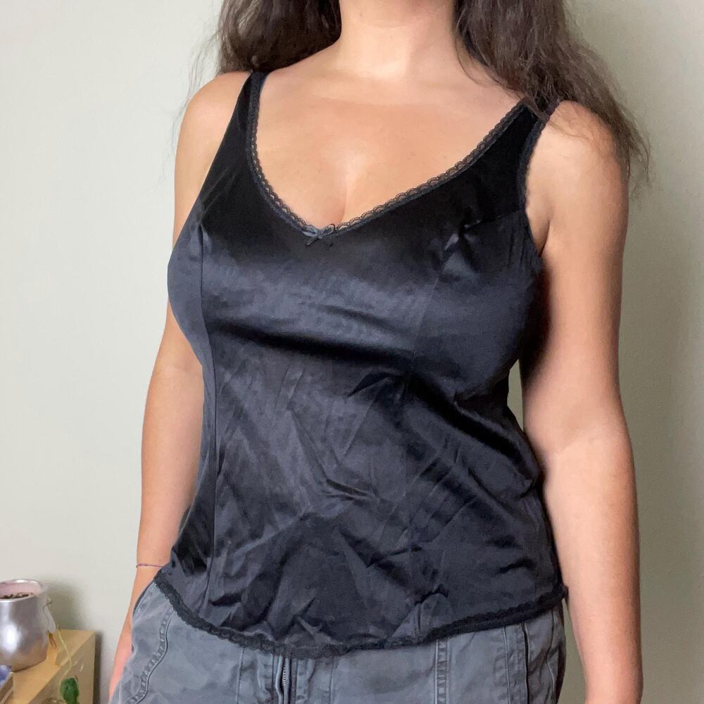 90s vintage black satin silky camisole tank top whimsigoth dark coquette size m